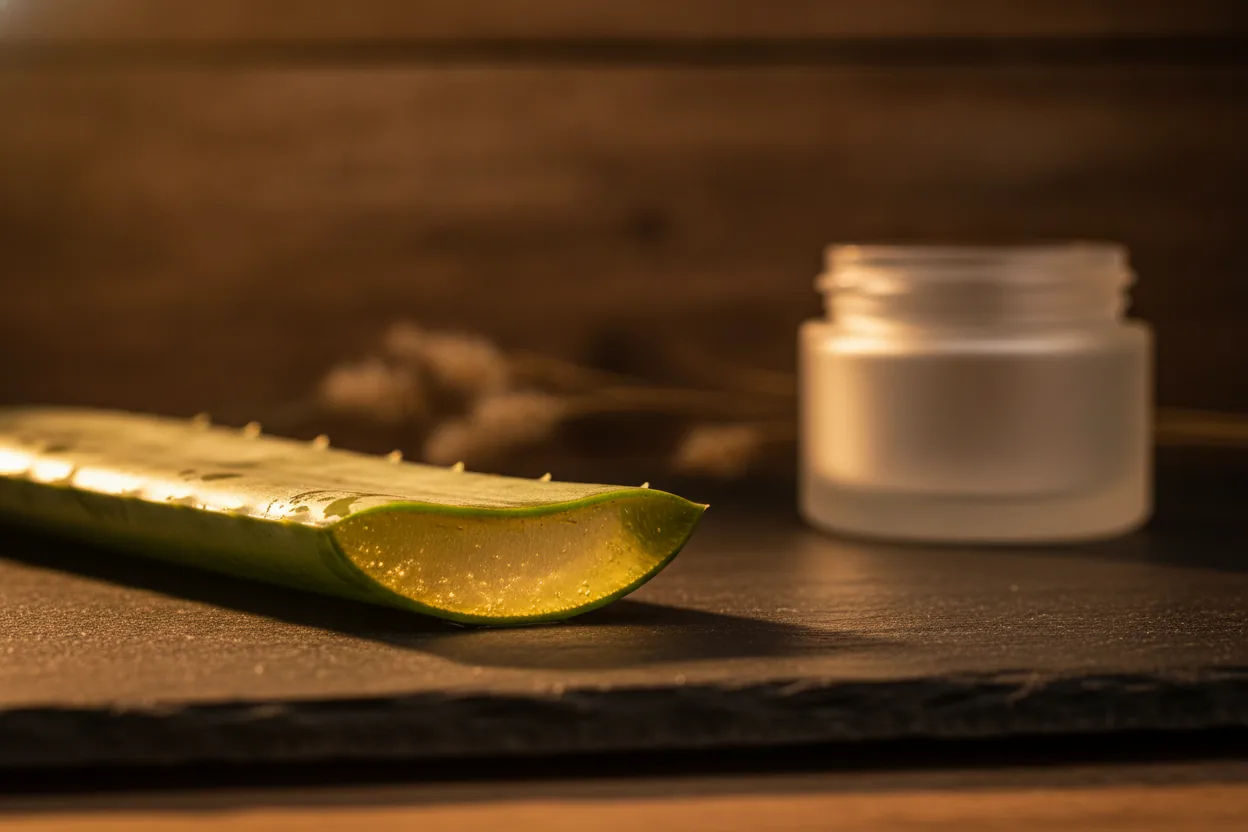Ein aufgeschnittenes Aloe-Blatt auf dunklem Schiefer, das klare Gel glänzt im Gegenlicht
