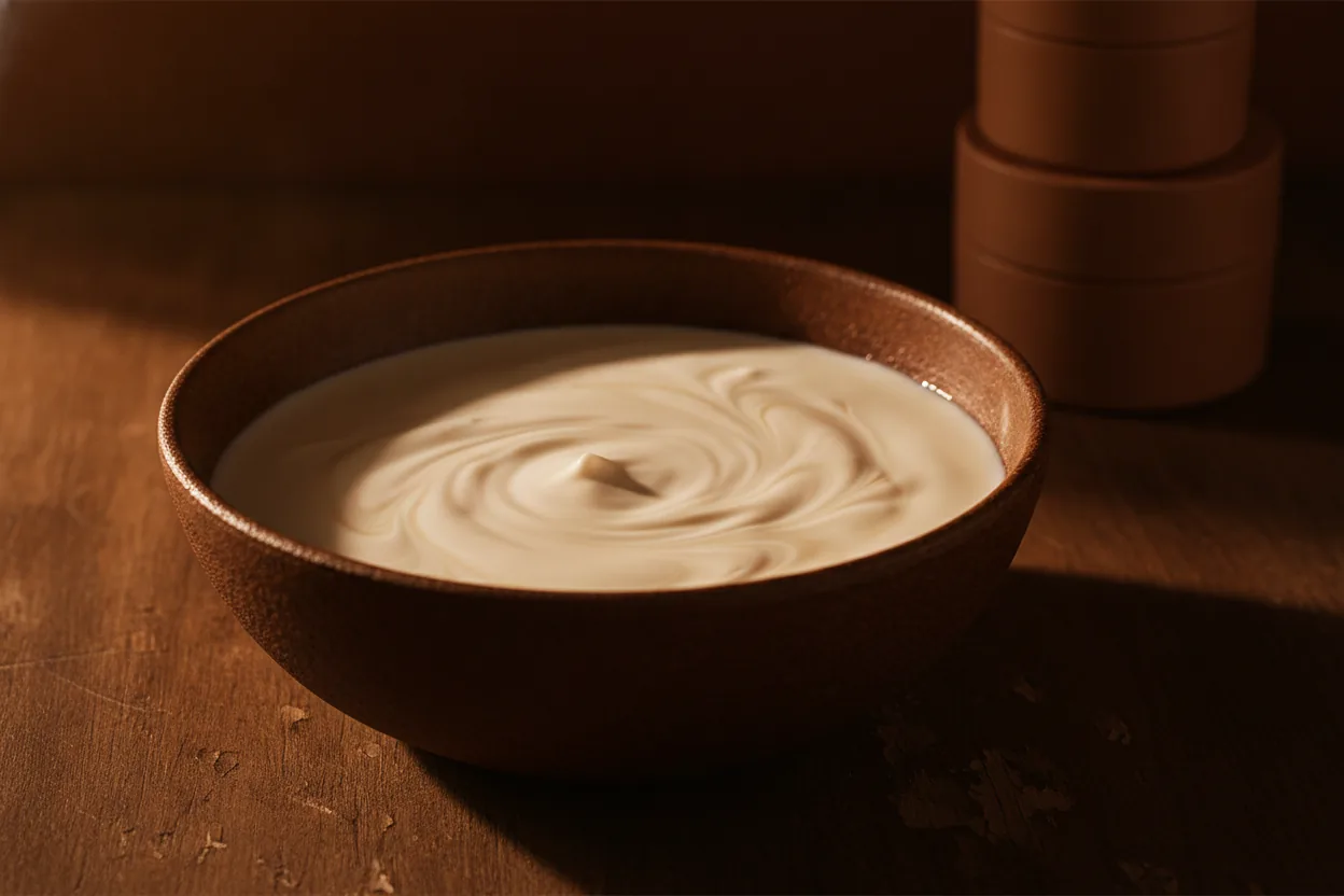 Milch wirbelt langsam in einer dunklen Keramikschale im warmen Seitenlicht