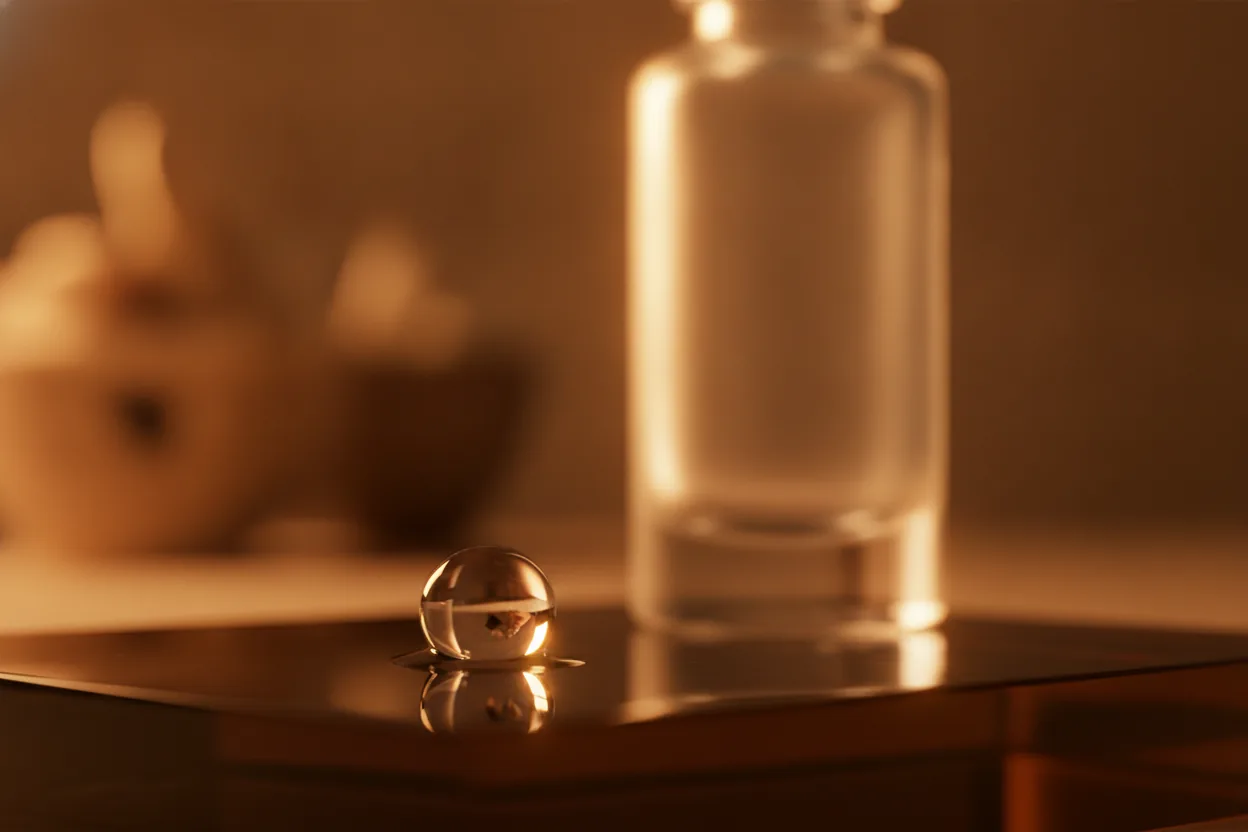 Ein runder klarer Wassertropfen liegt neben einem Serumfläschchen auf dunklem Glas im Gegenlicht