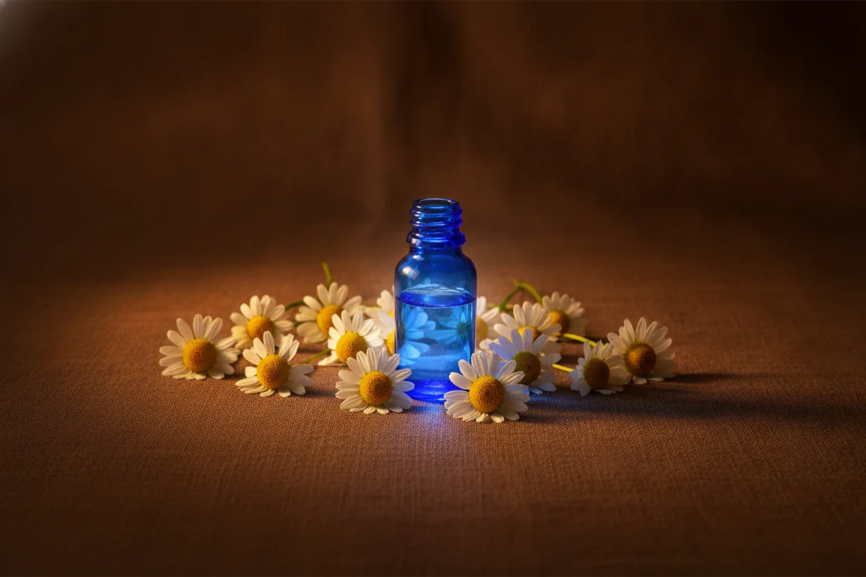 Kamillenblüten liegen um ein kleines blaues Glasfläschchen auf dunklem Leinen