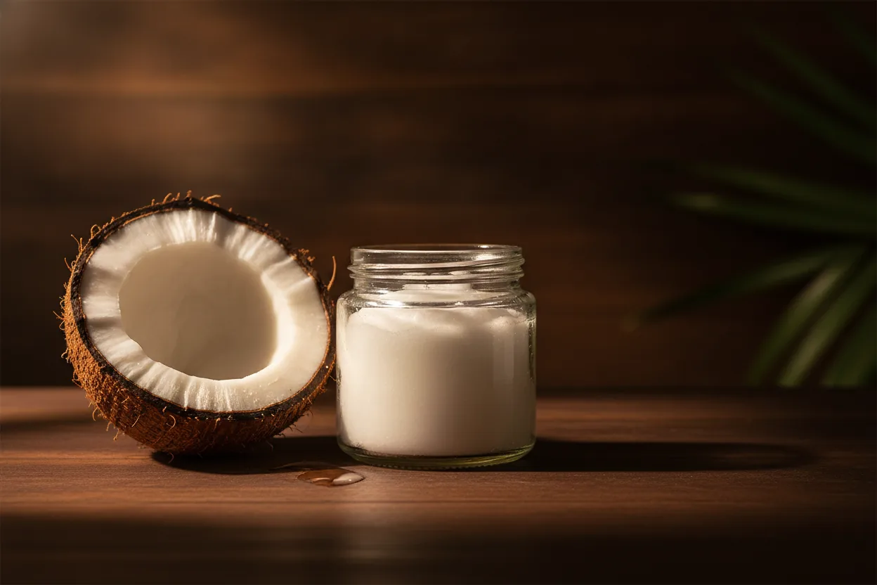 Eine halbierte Kokosnuss neben einem Glas mit weißem festem Kokosöl auf dunklem Holz