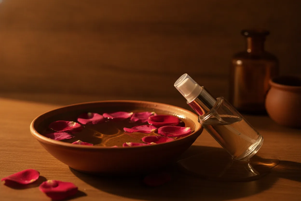 Rosenblätter schwimmen auf dunklem Wasser in einer flachen Schale neben einer Sprühflasche