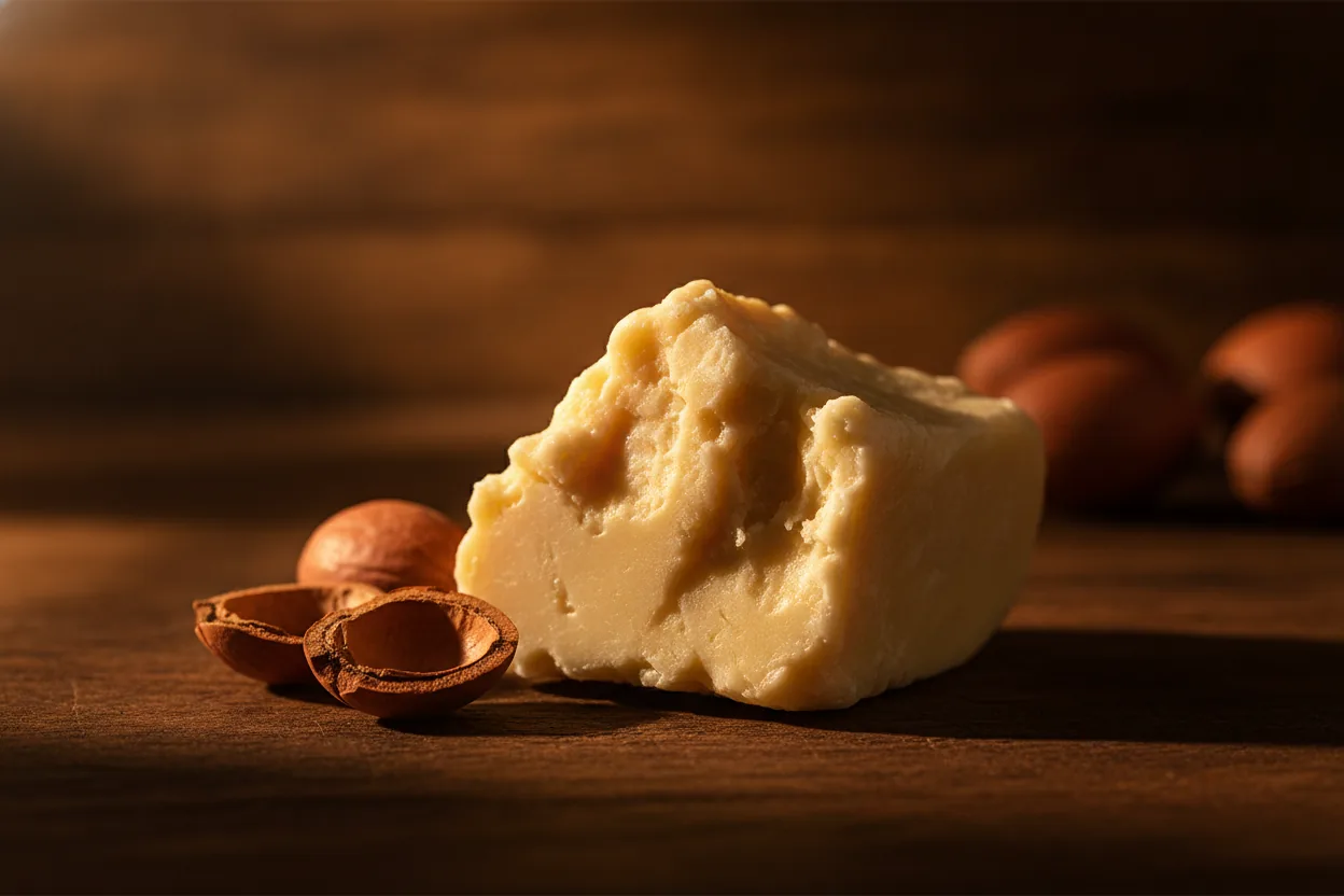 Ein Block elfenbeinfarbener Sheabutter mit Sheanüssen auf dunklem Holz