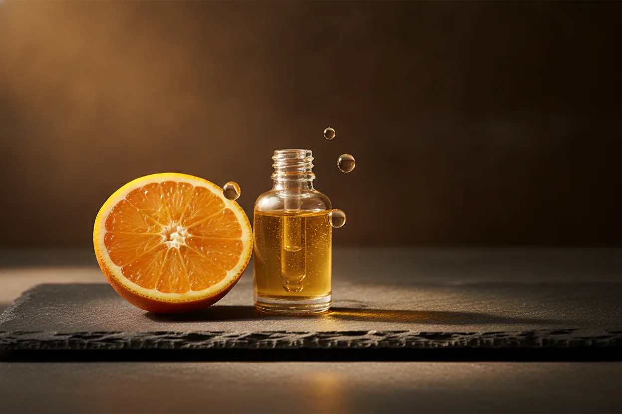 Eine halbierte Orange leuchtet neben einem Serumfläschchen auf dunklem Stein