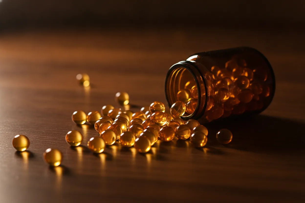 Goldene Ölkapseln rollen aus einem dunklen Glas auf dunkles Holz und leuchten im Gegenlicht