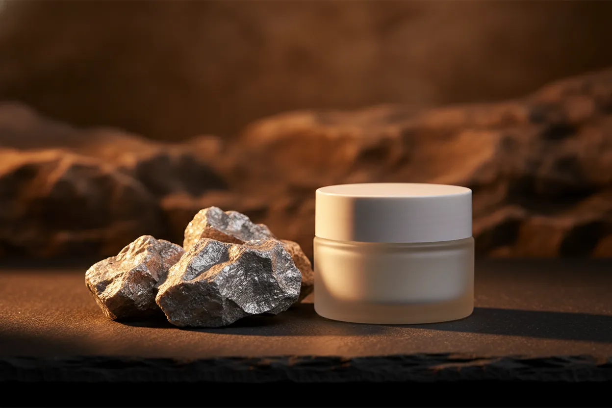Silbrige Mineralsteine liegen neben einem weißen Cremetiegel auf dunklem Schiefer