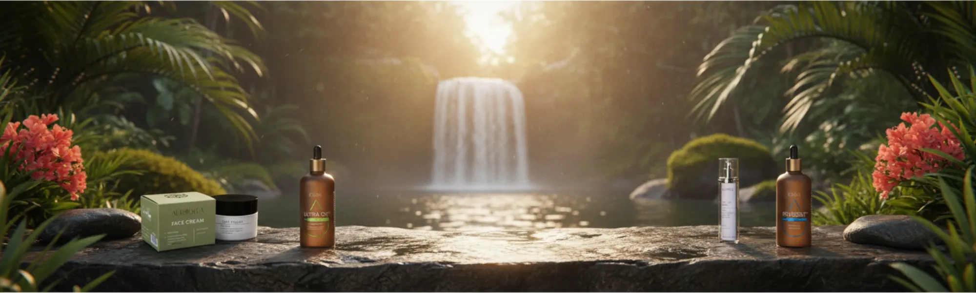 AURÉA-Produkte stehen links und rechts auf einer nassen Felskante in einer Oase, in der Bildmitte fällt ein Wasserfall in einen Pool, im goldenen Abendlicht zwischen Palmwedeln und Korallenblüten