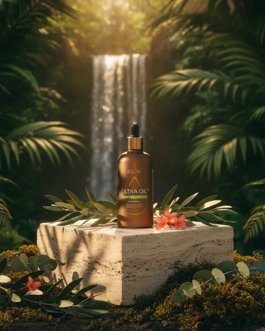 Die ULTRA OIL Pflanzenölmischung von Lolüm steht auf einem Travertinblock in einer Oase, umgeben von Olivenzweigen und Korallenblüten, dahinter ein Wasserfall im warmen Nachmittagslicht