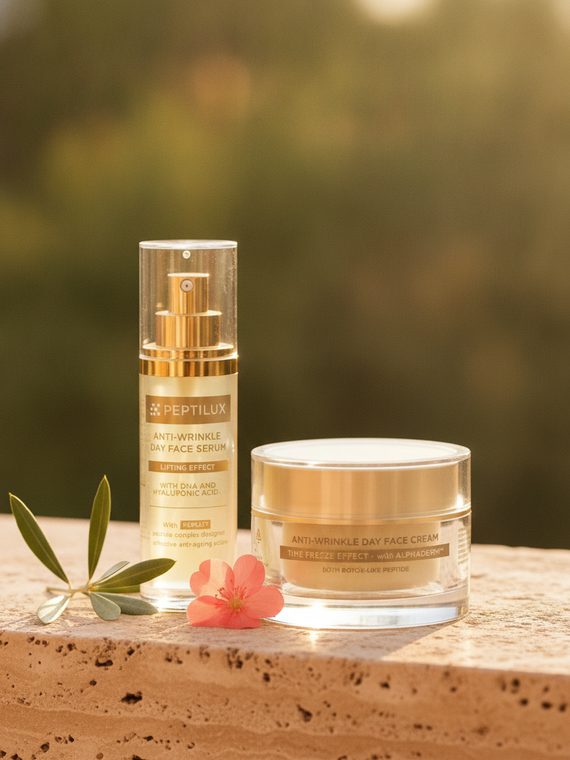 Peptilux Anti-Age-Serum und Tiegel in Gold stehen auf einem Travertinblock in einer Oase, dahinter ein Wasserfall im Nachmittagslicht