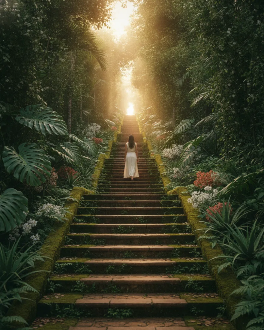 Eine alte Steintreppe führt durch einen dicht bewachsenen Dschungel nach oben, an den Seiten Monstera, Palmwedel und weiße Blüten. Eine Frau in hellem Leinenkleid geht die Stufen hinauf, am oberen Ende öffnet sich warmes goldenes Licht.