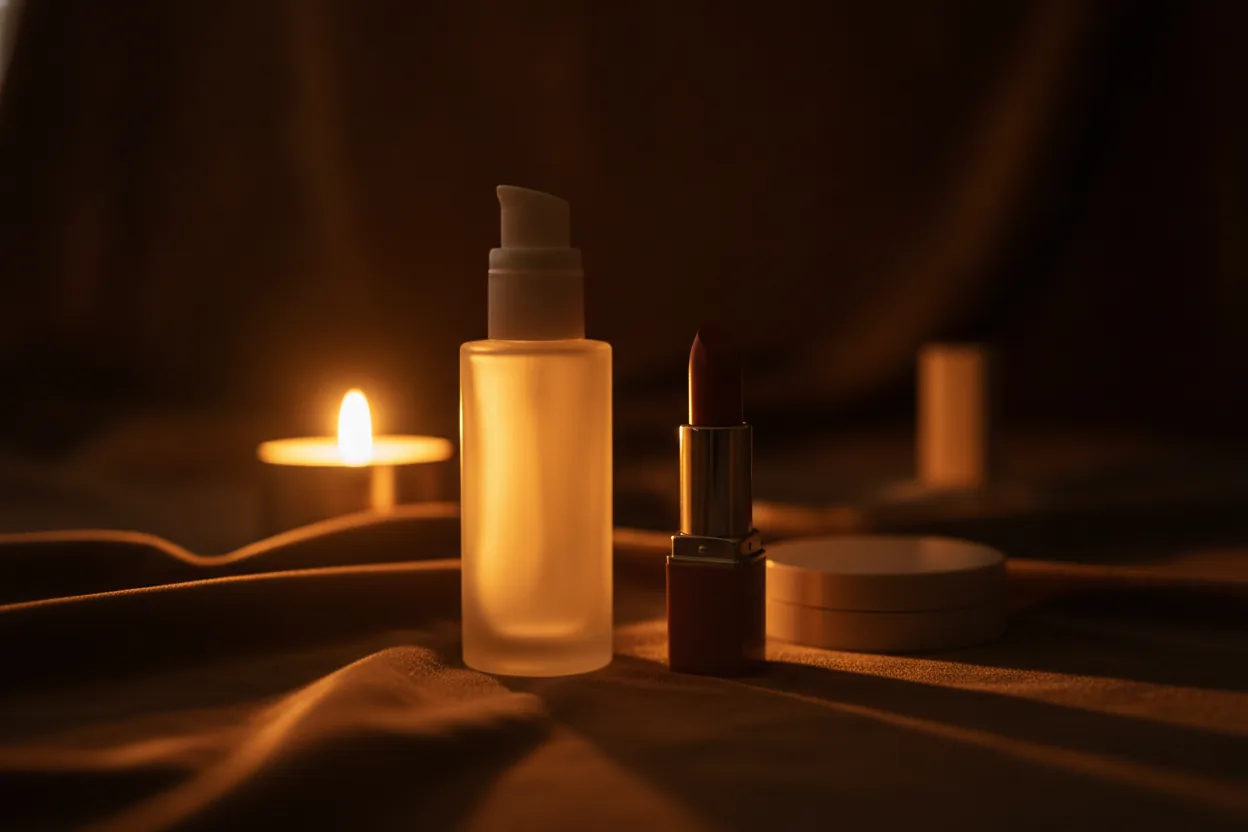Primer, Lippenstift und Puderdose liegen auf dunklem Samt neben warmem Kerzenlicht