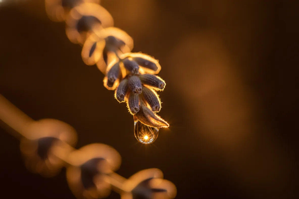 Nahaufnahme einer getrockneten Lavendelblüte im Gegenlicht mit einem klaren Öltropfen an der Spitze