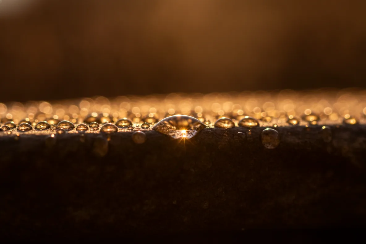 Makroaufnahme von Wassertropfen auf kühlem dunklem Stein, die im warmen Licht leuchten