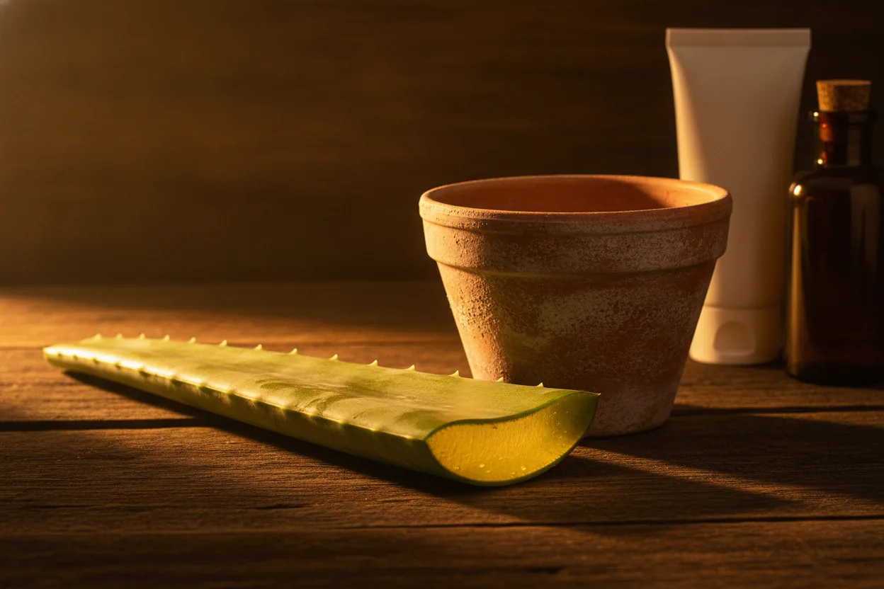 Ein aufgeschnittenes Aloe-Blatt liegt auf dunklem Holz neben einem Terrakottatopf, das Gel leuchtet im Gegenlicht