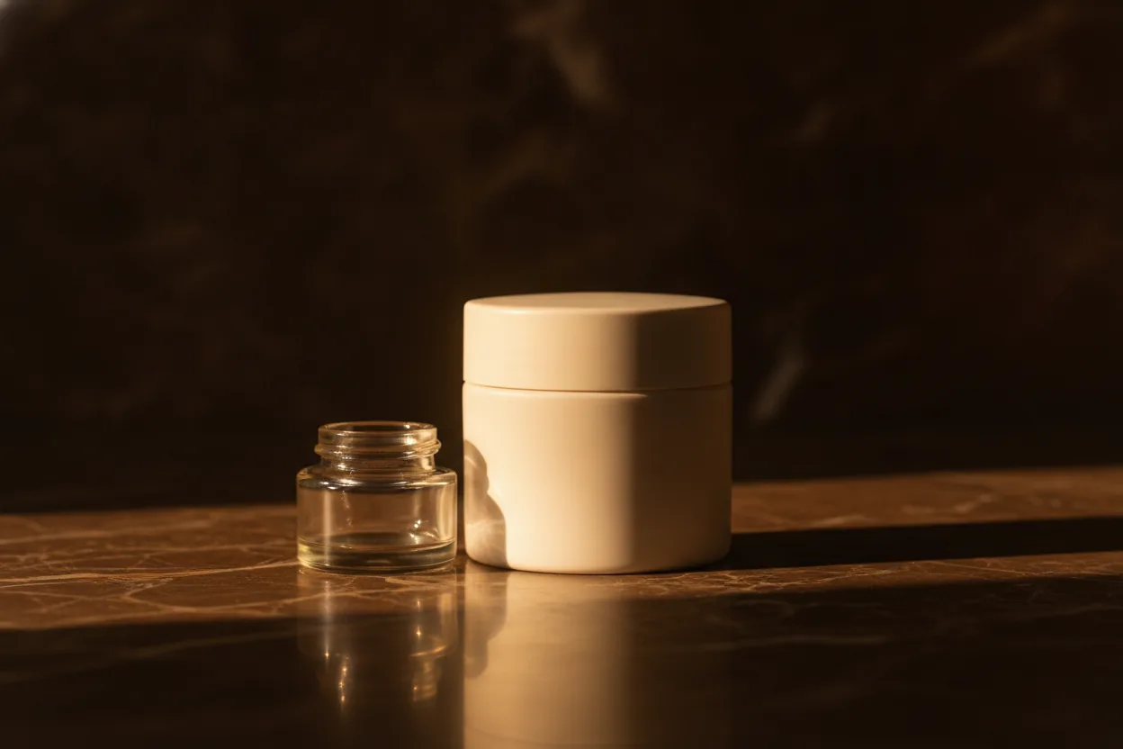 Ein sehr kleiner Tiegel steht neben einer deutlich größeren Cremedose auf dunklem Marmor im schmalen Lichtstrahl