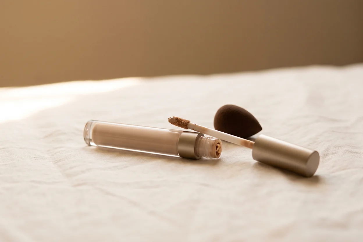 Ein schlanker Concealer und ein kleiner Make-up-Schwamm liegen nebeneinander auf hellem Leinen vor einer warm beleuchteten Wand