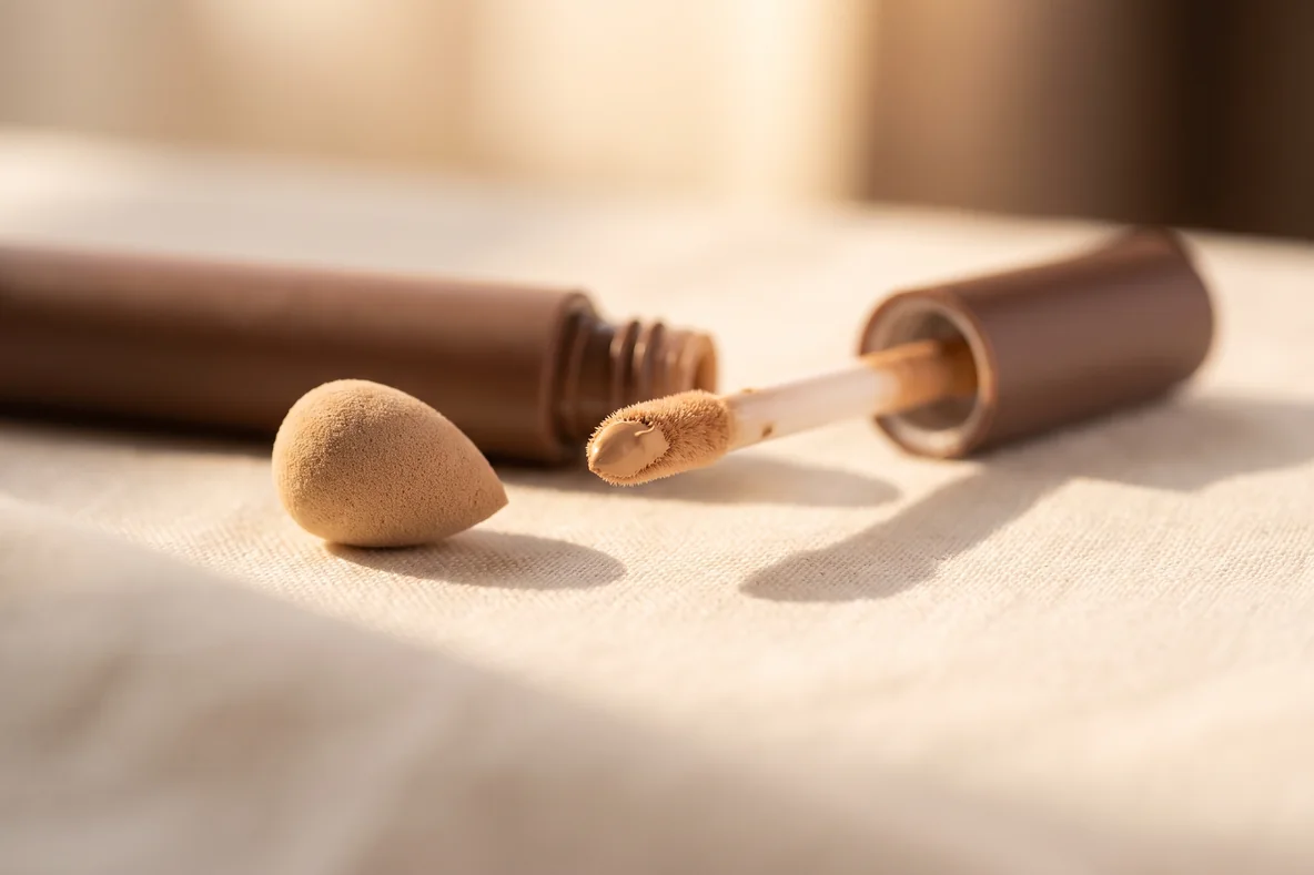 Ein schlanker Concealer-Stift mit Applikator liegt geöffnet neben einem kleinen Make-up-Schwamm auf hellem Leinen in ruhigem Licht