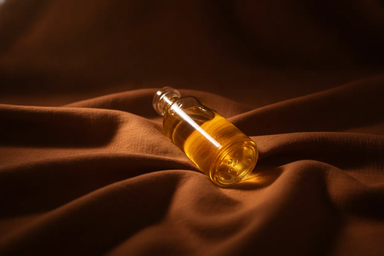 Eine schlichte Ölflasche liegt auf weichem dunklem Leinen, dessen Wellen im warmen Licht fließen