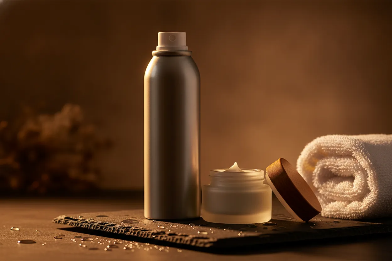 Eine schlichte Deodose und ein kleiner offener Cremetiegel stehen neben einem frischen Handtuch auf dunklem Schiefer