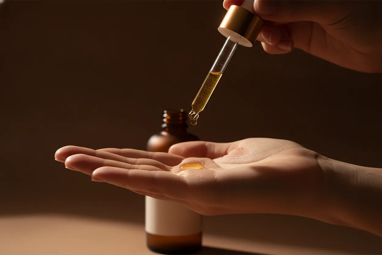 Eine Pipette gibt einen goldenen Serumtropfen in eine geöffnete Handfläche, warmes Seitenlicht vor dunklem Hintergrund