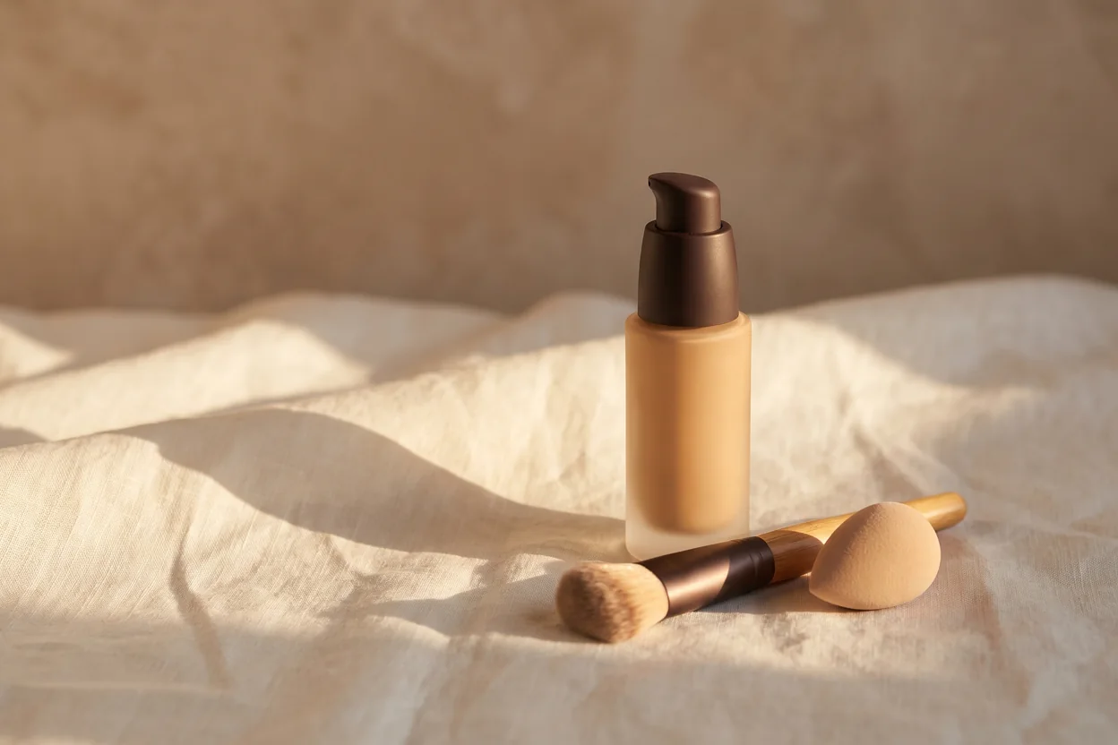 Eine Flasche flüssige Foundation, ein weicher Pinsel und ein Make-up-Schwamm liegen nebeneinander auf hellem Leinen in warmem Licht