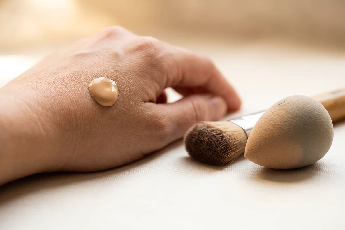 Ein Tropfen flüssige Foundation auf einem Handrücken neben einem weichen Pinsel und einem Make-up-Schwamm auf hellem Leinen