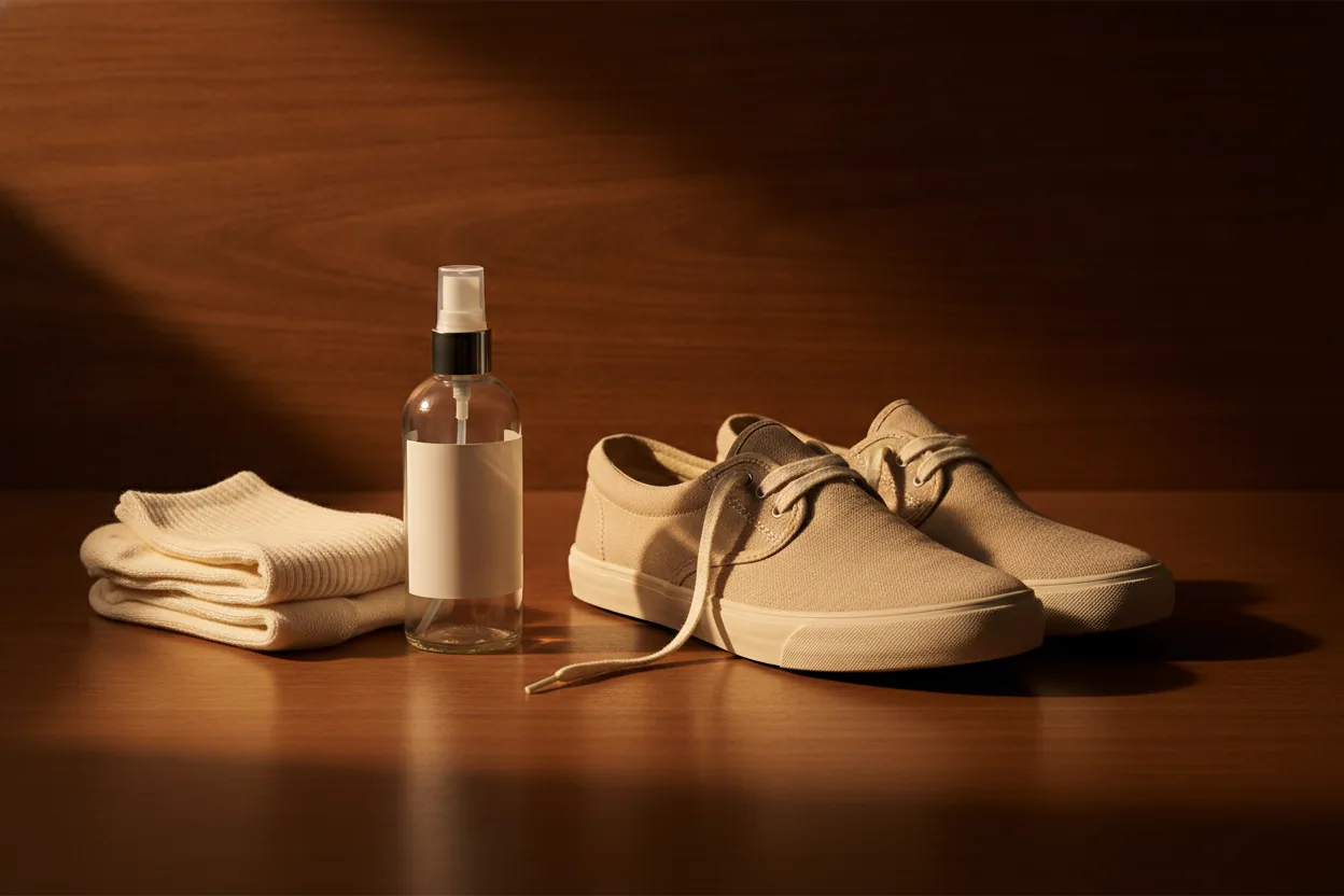 Helle Stoffschuhe lüften neben einer schlichten Sprühflasche und frischen Baumwollsocken auf dunklem Holz