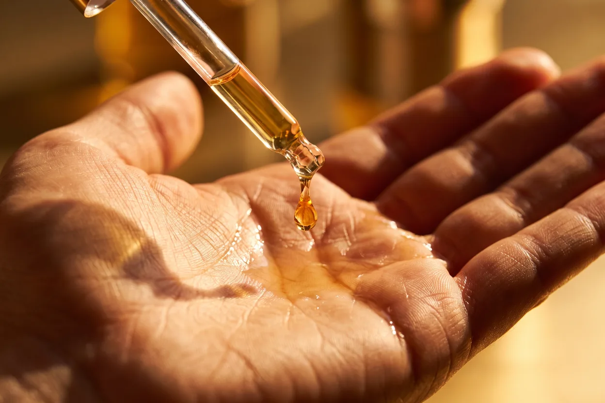 Bernsteinfarbenes Gesichtsöl in einer Flasche mit Glaspipette und ein goldener Tropfen in warmem Licht auf hellem Leinen