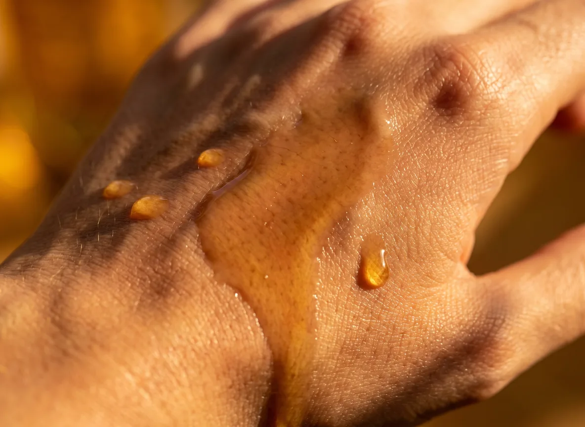 Wenige goldene Öltropfen auf den Fingerspitzen in warmem Licht als Sinnbild für die sparsame Anwendung von Gesichtsöl