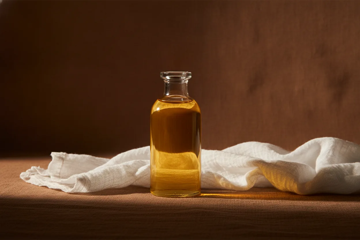 Eine schlichte Flasche mit goldenem Öl und ein weiches Musselintuch liegen auf dunklem Leinen