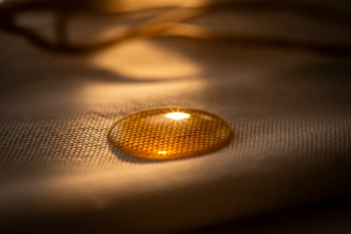 Makroaufnahme eines goldenen Öltropfens auf weichem hellem Stoff