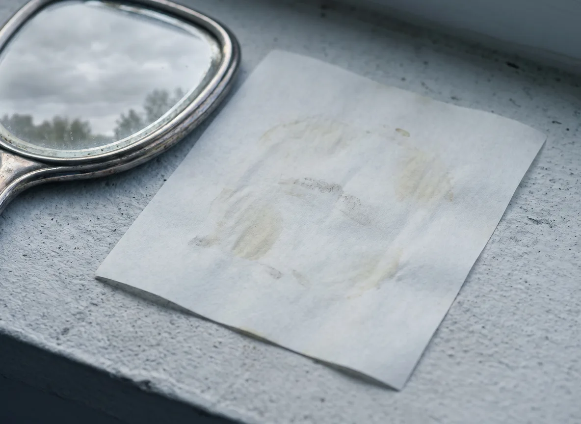 Runder Handspiegel, weiche Wattepads und ein Glas Wasser auf hellem Leinen als Sinnbild für den einfachen Hauttyp-Test