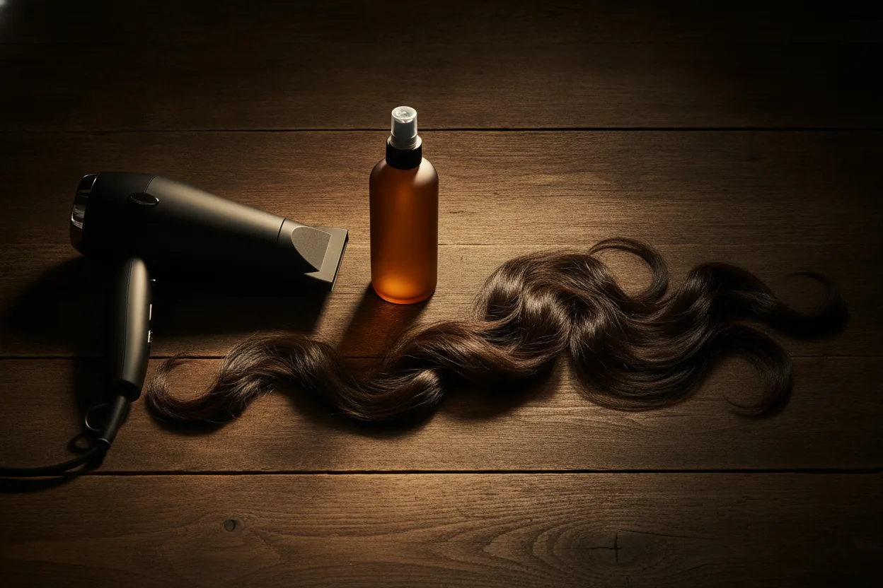 Ein Föhn und eine schlichte Sprühflasche liegen auf dunklem Holz, dazwischen eine weiche Haarsträhne