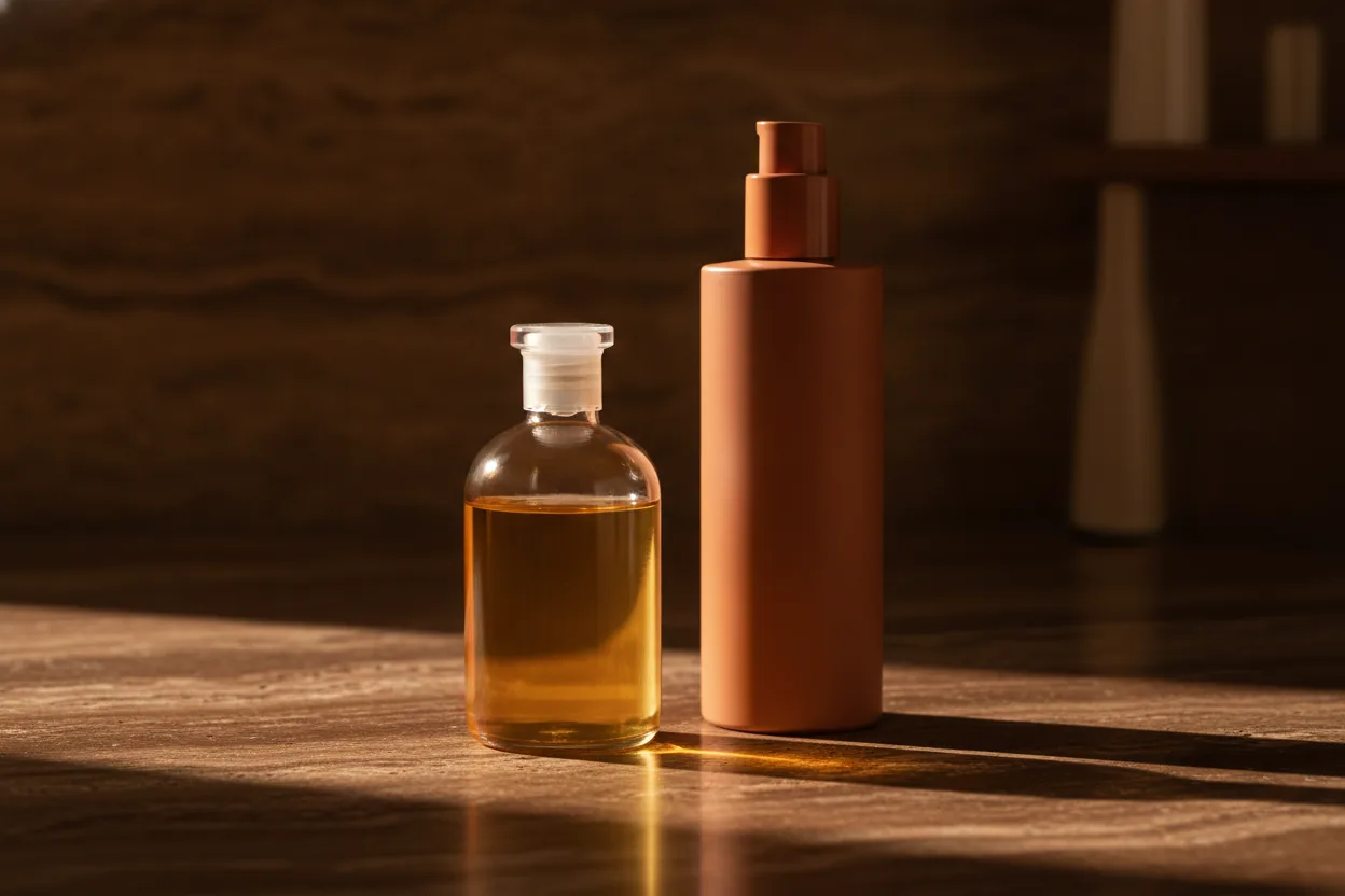 Eine Glasflasche mit goldenem Körperöl und eine Lotionflasche stehen nebeneinander auf dunklem Travertin