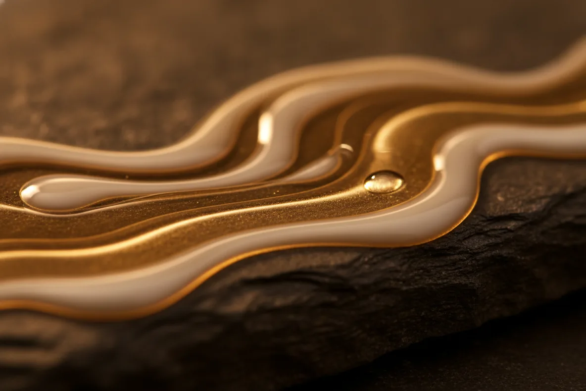 Makroaufnahme von goldenem Öl und weißer Lotion, die auf dunklem Stein ineinanderlaufen