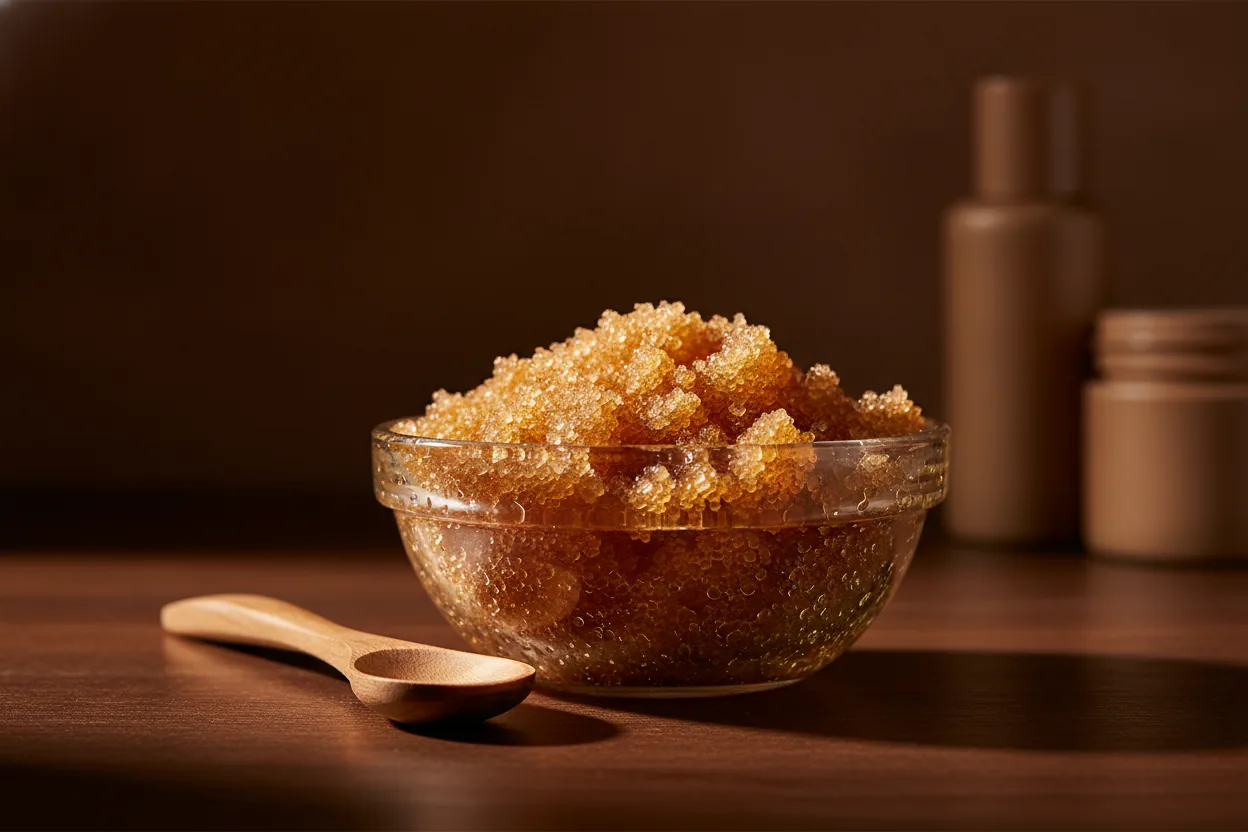 Eine Glasschale mit grobem ölglänzendem Zuckerpeeling steht auf dunklem Holz, die Kristalle funkeln im harten Licht