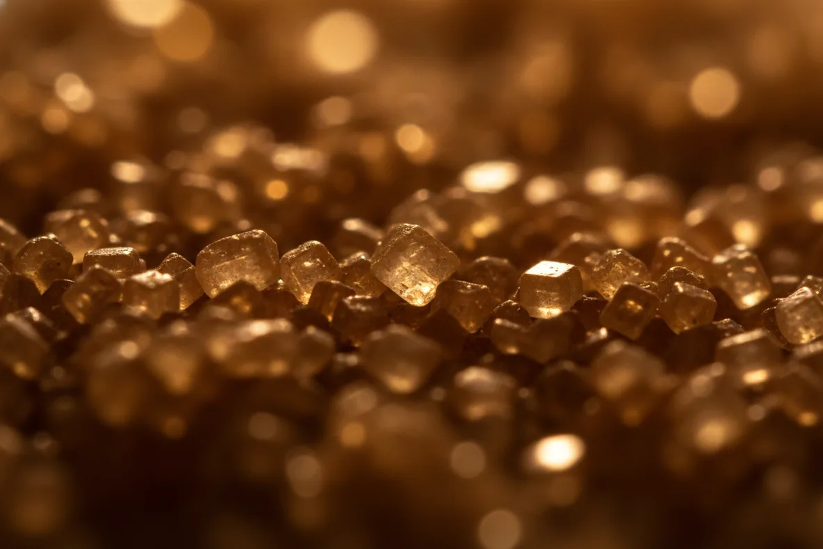 Makroaufnahme grober ölüberzogener Zuckerkristalle mit goldenen Glanzlichtern