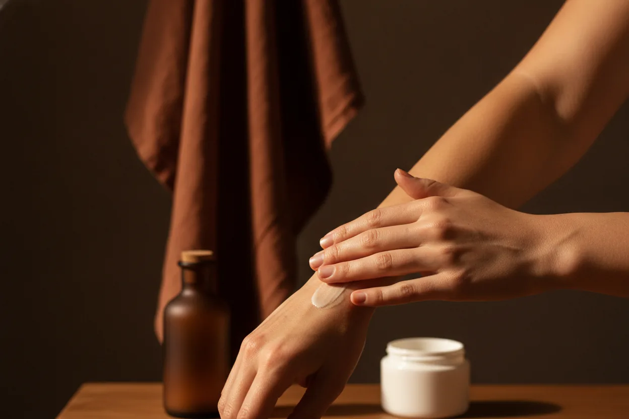 Eine Hand verteilt Lotion auf einem Unterarm, warmes tiefes Licht vor dunklem Hintergrund
