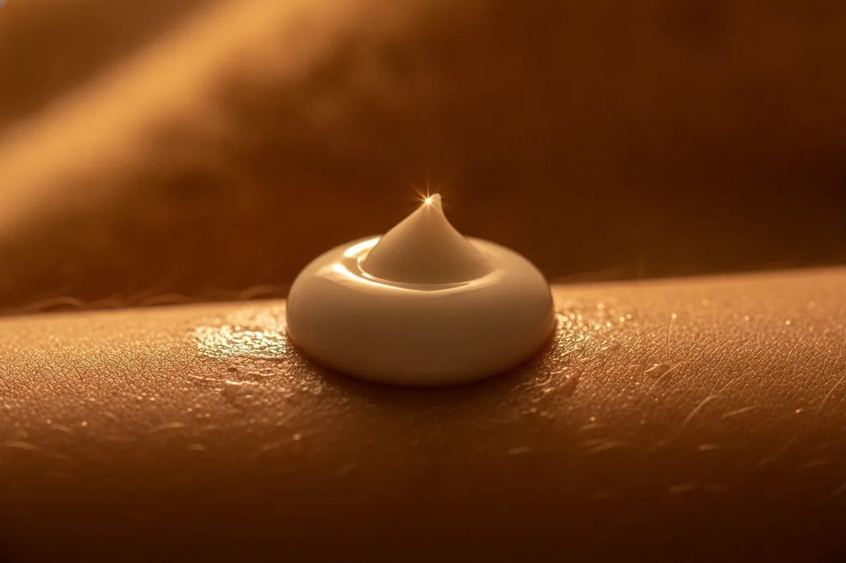 Makroaufnahme eines Lotiontropfens auf noch feuchter Haut im warmen Gegenlicht