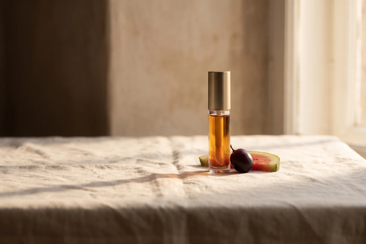 Ein Lippenöl-Fläschchen mit warmem Bernsteinton steht auf einer hellen Leinenfläche, daneben liegen zwei frische Fruchtstücke in weichem Licht