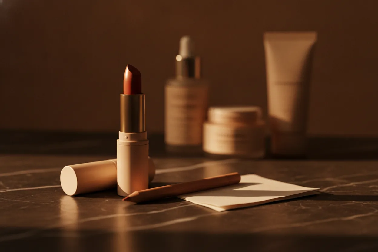 Ein schlichter Lippenstift, ein Konturenstift und ein gefaltetes Tuch liegen auf dunklem Marmor