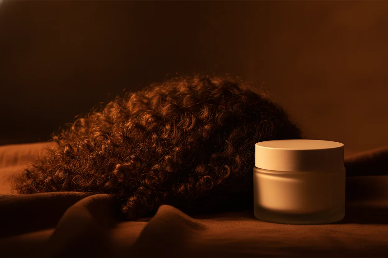 Definierte dunkle Locken fließen über dunkles Leinen neben einem schlichten Cremetiegel