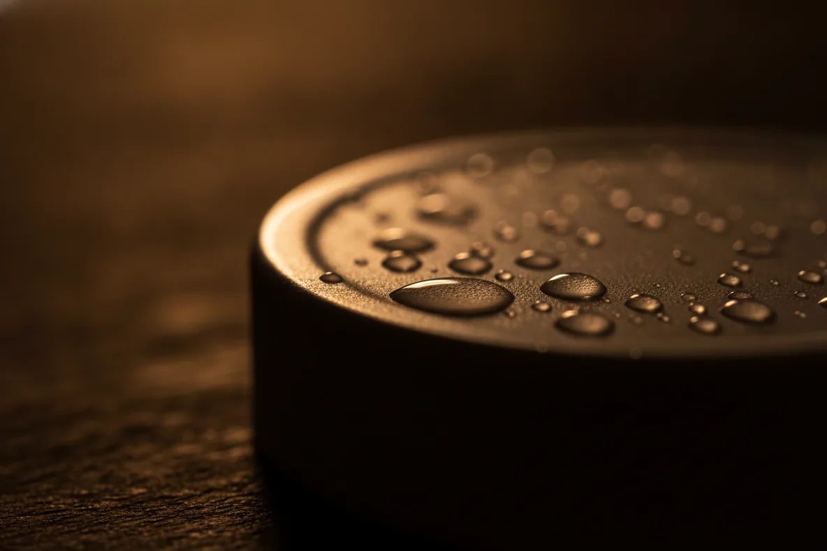 Makroaufnahme von Wassertropfen auf einem dunklen matten Tiegeldeckel