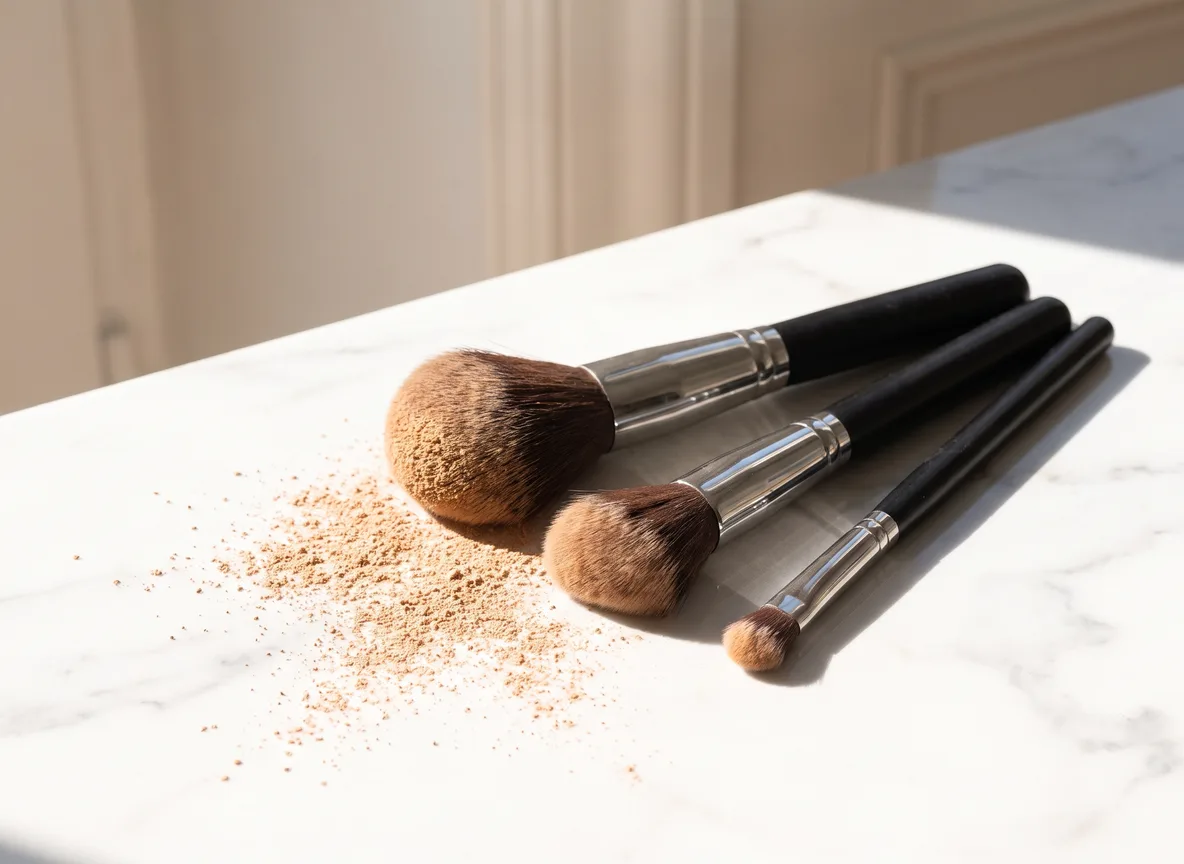 Wenige schlichte Make-up-Utensilien wie Pinsel und getönte Textur in natürlichen Tönen auf hellem Leinen in warmem Licht