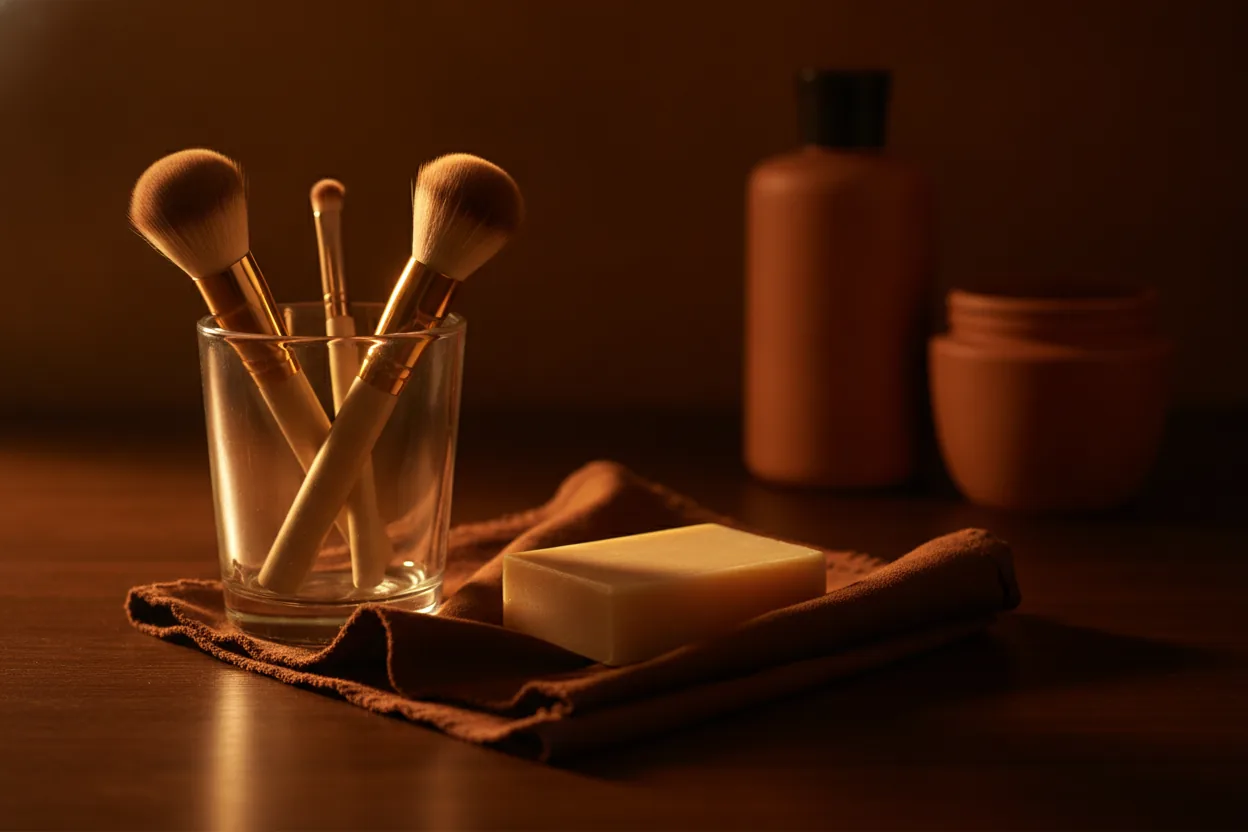 Make-up-Pinsel stehen mit den Borsten nach oben in einem Glas auf dunklem Holz, daneben Seife und ein feuchtes Tuch