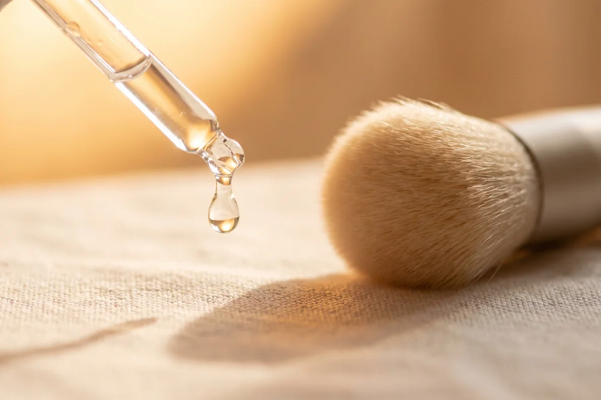 Ein leichtes Serum, eine cremige Foundation und ein weicher Pinsel liegen auf hellem Leinen in warmem, weichem Licht