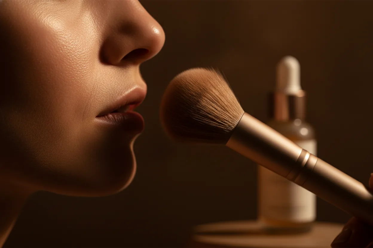 Ein weicher Make-up-Pinsel berührt einen Wangenknochen im warmen tiefen Licht vor dunklem Hintergrund