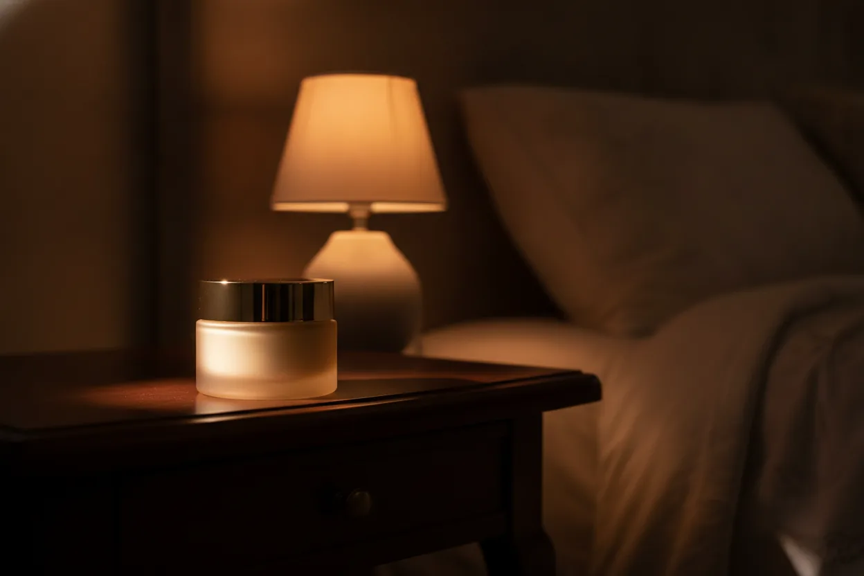 Ein Tiegel reichhaltiger Nachtcreme steht auf einem dunklen Nachttisch neben einer kleinen Lampe