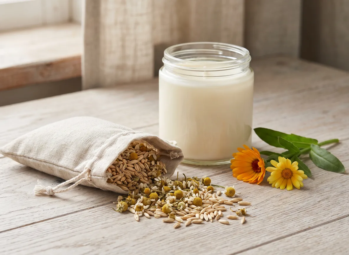 Pflanzliches Öl, getrocknete Blüten und ein grünes Blatt auf hellem Leinen als Sinnbild für Inhaltsstoffe natürlichen Ursprungs