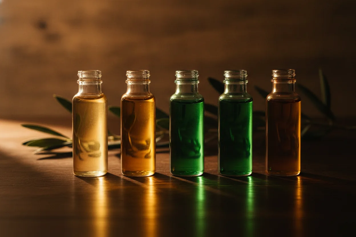 Fünf Glasfläschchen mit Pflanzenölen leuchten von Gold bis Grün im Gegenlicht auf dunklem Holz